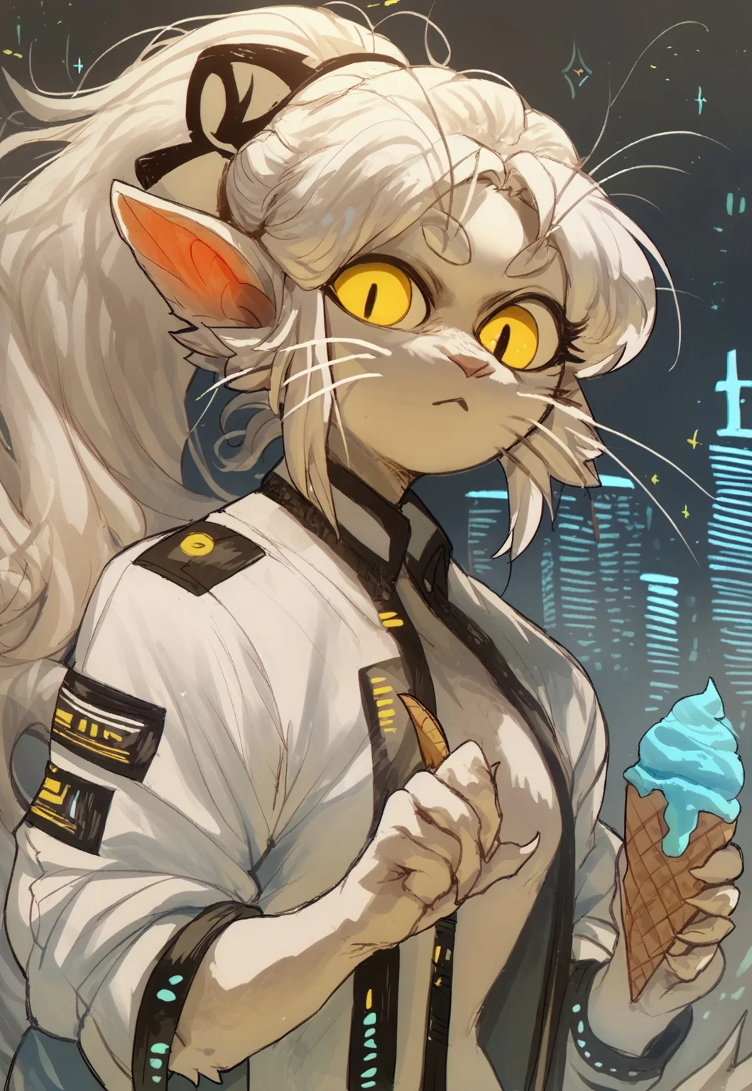 score_9, score_8_up, score_7_up, ariral, feline humanoid, 1girl, whiskers, ponytail, white hair, yellow eyes, animal ears, pointy ears, cat tail, open clothes, white shirt, open shirt, d1zzysp3lls, ice cream in hand, city, nice atmosphere,