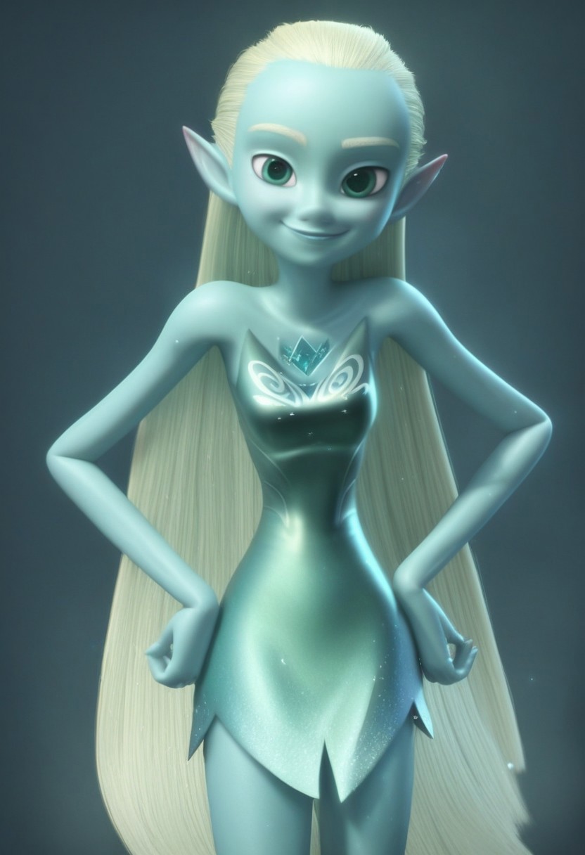 score_9, 1girl, Solo, Sylph_HI, light turquoise skin, green eyes, light blonde hair, light blonde eyebrows, long straight hair, pointy ears, blue triangle crystal on chest, strapless metallic teal dress, barefoot, standing, smile, hands on hips, looking at viewer, cowboy shot
