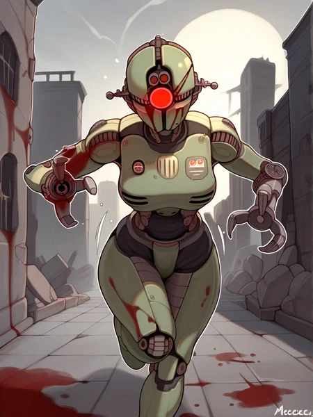score_9, score_8_up, score_7_up, score_6_up, score_5_up, source_anime, [SoSo|kame 3], (rhc:1.1), assaultron, fallout, 1girl, solo, breasts, looking at viewer, robot, humanoid robot, robot joints, one-eyed, joints, no humans, green body, mechanical arms, crotch plate, science fiction, (post-apocalypse, building, ruins, outside:1.2), green armor, (robotic hand, 3 fingers:1.3), running, running towards viewer, action pose, movement, motion lines, emanata, chasing, (night, detailed background, (moonlight:1.2), blood, blood on face, blood on body, fight, 1 eye, red eyes,
<lora:assaultron_pdxl_:0.8>