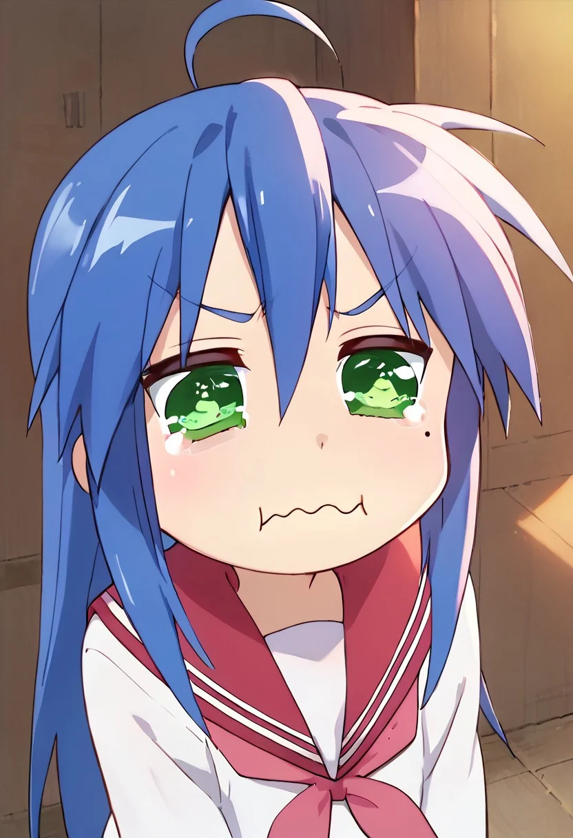score_9, score_8_up, score_7_up,source_anime, masterpiece, ultra detailed, highres, 4k, best quality, BREAK, <lora:konata:0.7> Konata Izumi, 1girl, solo, long hair, ahoge, green eyes, mole, serafuku, red skirt, red sailor collar, shoes, brown tighhighs, dark blue hair, aquacrying, wavy mouth, closed mouth, tearing up, outstanding, countershading, detailed soft lighting, backlighting, green eyes, ultra detailed eyes,