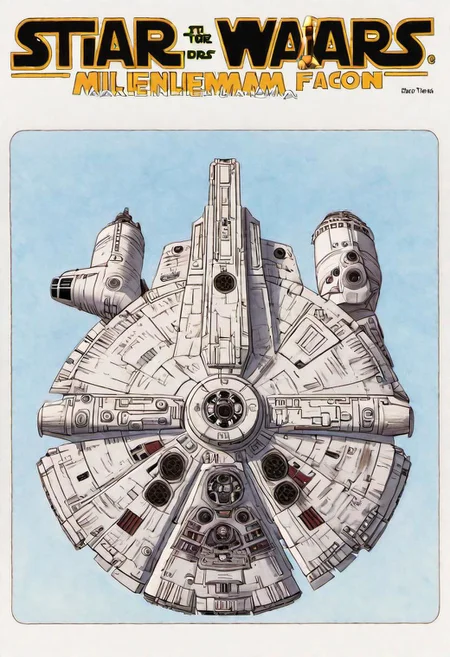 Manga book cover of star wars Millennium Falcon, Akira toriyama style , blank background , full colour, hand drawing