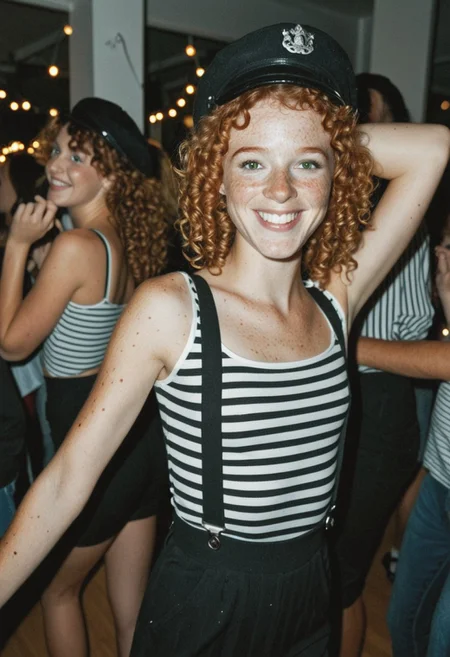 high quality, masterpiece, best quality, realistic, 
1girl, solo, 
cloe_marceau, 18yo, petite, slim, ginger, ginger hair, curly hair, youthful appearance, green eyes, adorable face, freckles, 
ponytail, very small cute butt,
black suspender pants, striped_shirt, black french hat, 
dancing, dynamic poses, flirty, teasing,
subject_focus, high_quality, perfect lighting, standing, masterpiece, adorable face, light_particles, clothed, laughing, at a crowded party, slightly parted lips,  exquisite detail, highres, candid photo