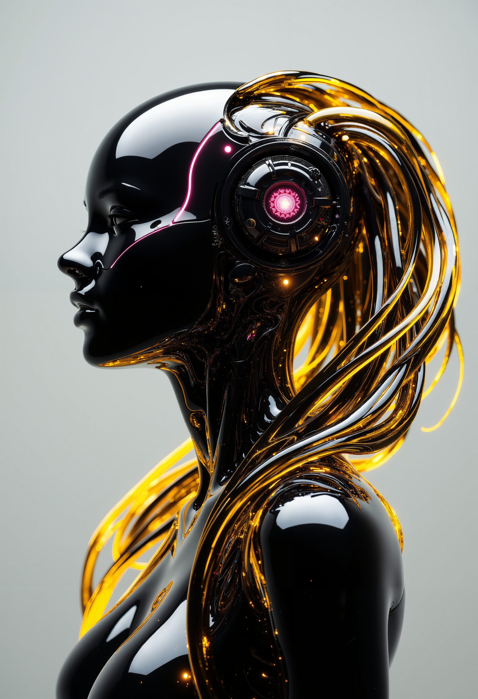 bo-glasscybernetics, A futuristic, cybernetic character with sleek, glossy black and vibrant gold flowing hair, intricately intertwined with glowing golden strands. The character's head is positioned in profile, showcasing an advanced mechanical structure with intricate details, including glowing pink accents in the eye area. The background is a soft gradient of light gray, enhancing the contrast of the character's shiny surfaces. The overall aesthetic is hyperrealistic, capturing textures and reflections that evoke a sense of both beauty and technology. The image conveys a blend of elegance and strength, with delicate light effects highlighting the flowing hair and mechanical features.<lora:FLUX Glass Cybernetics\Glass cybernetics_epoch_5.safetensors:1.0:1.0>