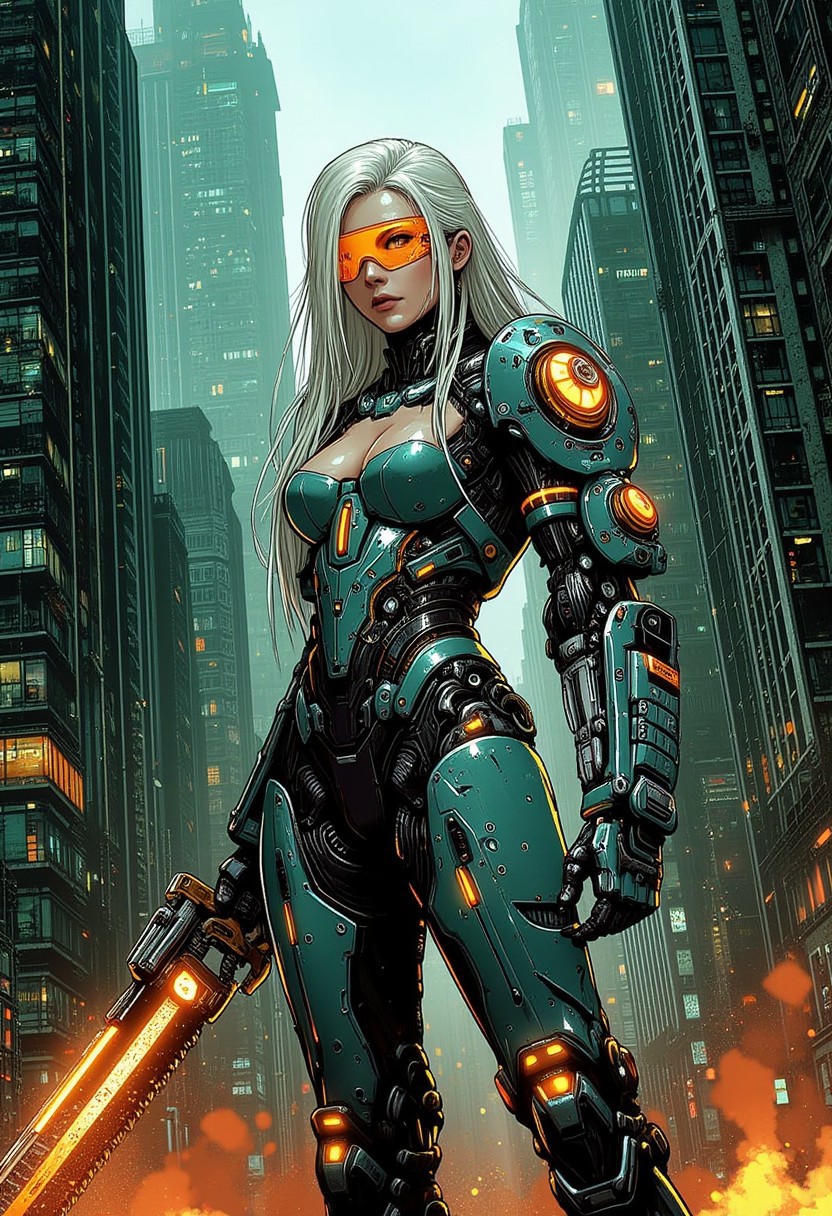 mad-cbrpnksplshrt full of details but with faded outlines, white braded hair cyborg girl soldier in combat armor with one robotic arm and one robotic leg holding a chainsword with glowing energy panels, and in the background new york city disintegrating into the matrix behind, best quality, sharp image,