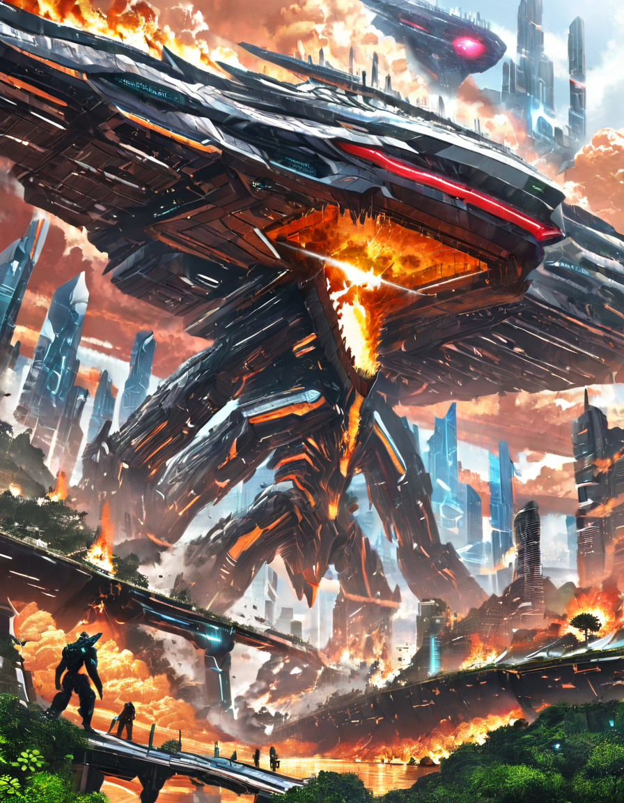 <lora:SW_Minis_7xlc:1> aerial view, blue, cyberpunk cityscape, day, enormous, fantasy, flying dust, from low angle view, futuristic science fiction huge mega structure building, glowing eyes, gold, hid16, huge, orange clouds, rocks, vegetation, waves, white, hell monster, open jaw, glowing eyes, furious, breaking in, burning,