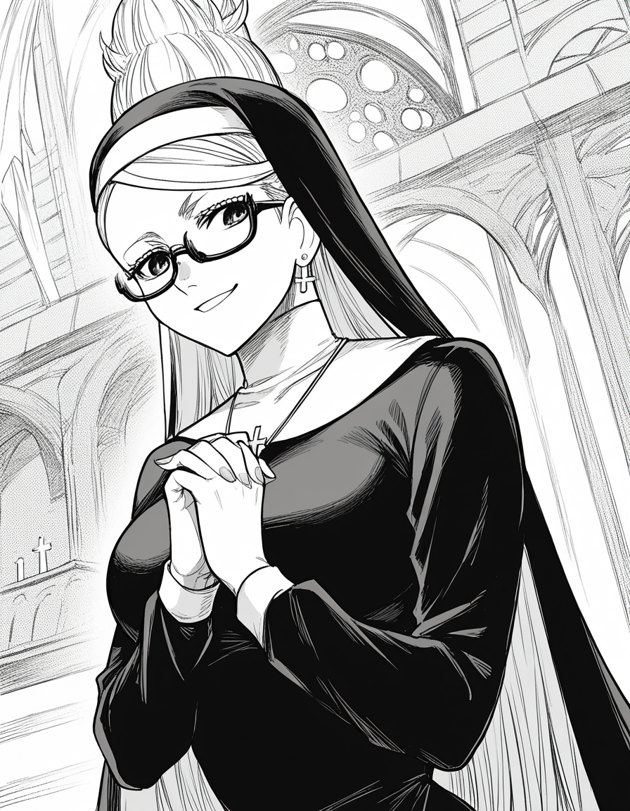 score_9, score_8_up, score_7_up, source_anime, <lora:seiko-ayase-manga-ponyxl-lora-nochekaiser:1>, seiko ayase, long hair, large breasts, monochrome, greyscale, earrings, glasses, hair bun, semi-rimless eyewear, under-rim eyewear,, <lora:traditional-nun-ponyxl-lora-nochekaiser:1>, traditional nun, nun, habit, long sleeves, dress, black dress, jewelry, black veil, cross, cross necklace,, church, smug, praying,, , dutch angle, cowboy shot