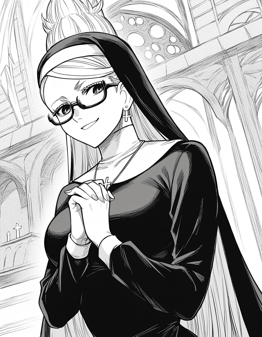 score_9, score_8_up, score_7_up, source_anime, <lora:seiko-ayase-manga-ponyxl-lora-nochekaiser:1>, seiko ayase, long hair, large breasts, monochrome, greyscale, earrings, glasses, hair bun, semi-rimless eyewear, under-rim eyewear,, <lora:traditional-nun-ponyxl-lora-nochekaiser:1>, traditional nun, nun, habit, long sleeves, dress, black dress, jewelry, black veil, cross, cross necklace,, church, smug, praying,, , dutch angle, cowboy shot