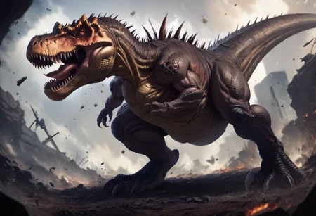 score_9, score_8_up, score_7_up, muscular dinosaur, T-rex, full body, open mouth, sharp large teeth, spikes on the head and back, four spikes on the tail, tyrannosaurus, attack, large-caliber guns on the sides of the body,