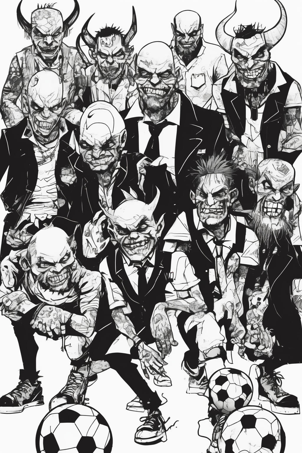 Jim Mahfood Style - Black and white line drawing thick bold lines graphic novel style street art Jamie Hewlett - wide shot - a team of five villainous possessed demonic football plays - exaggerated proportions - varying heights - wearing full football kit - powerful - intimidating - look like villains - smug, confident evil smile - full body visible - pure white background - voodoo elements