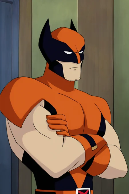masterpiece, best quality, highres, newest, wolvevo, 1boy, solo, male focus, mature male, facial hair, stubble, bodysuit, orange bodysuit, black bodysuit, two-tone bodysuit, short sleeves, orange gloves, mask, covered eyes, white eyes, no pupils, belt, muscular, crossed arms, looking at viewer, standing, portrait, upper body, indoors, living room <lora:Wolverine (Logan) X-Men Evolution (First Suit+Unmasked) v1.1 [LoRA] - NoobAI-XL EPS 1.0:0.8>