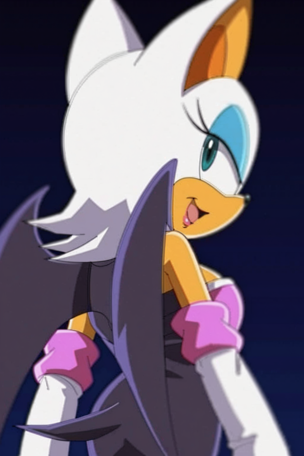 feminine, masterpiece, best quality, newest, absurdres, highres, rouge the bat, furry female, bat wings, from behind, looking back,
BREAK
dark background, dynamic background, <lora:Rouge_the_bat_Pony:1>