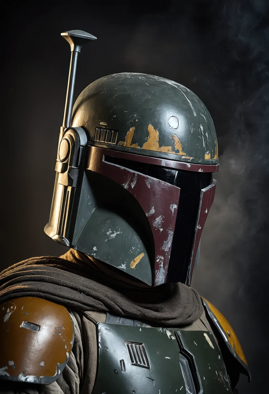 poster art, photorealistic portrait of Boba Fett from Star Wars, menacing expression, dark fantasy atmosphere, dramatic shadows, iconic helmet gleaming under moody light, detailed armor texture, masterpiece composition