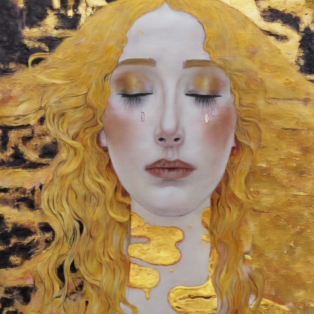 <lora:kl1m:1.3>kl1m tt3r close up face of woman with golden hair eyes closed golden tears, one half of her face is entirely covered in gold and is not visible