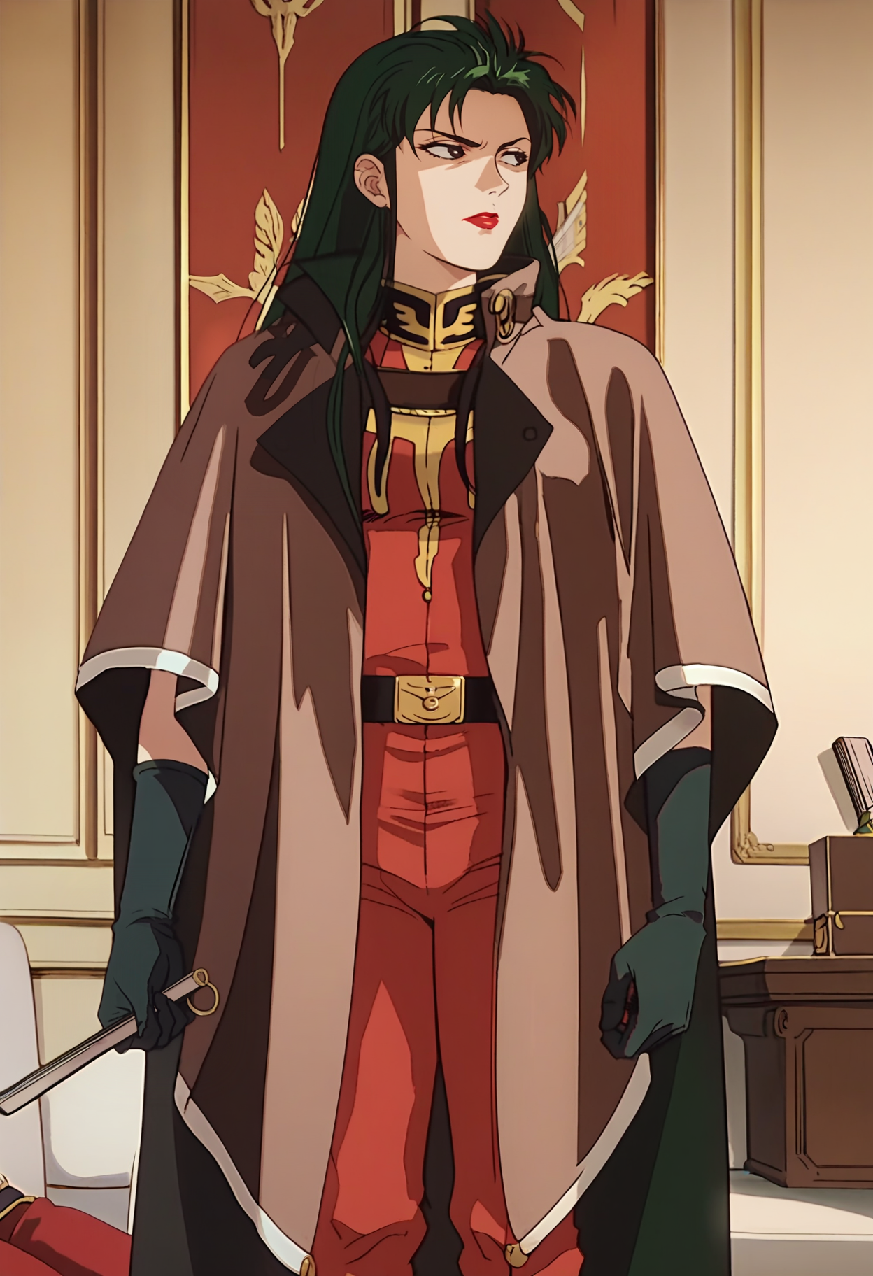 score_9, score_8_up, score_7_up, score_6_up, anime screencap, anime coloring,  <lora:CimaGarahau_epoch_7:0.7>, CimaGarahau, long hair, green hair, lipstick, black eyes,
cape, military uniform, black gloves, belt, red pants,
standing, hand fan, looking away, cowboy shot,
indoors,