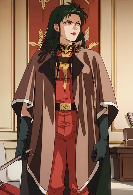 score_9, score_8_up, score_7_up, score_6_up, anime screencap, anime coloring,  <lora:CimaGarahau_epoch_7:0.7>, CimaGarahau, long hair, green hair, lipstick, black eyes,
cape, military uniform, black gloves, belt, red pants,
standing, hand fan, looking away, cowboy shot,
indoors,