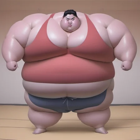 <lora:runga_8.1:0.95>thick arms, fat japanese young man, obese, superchub, male focus, fattest, fat,(dark Vivid red cotton tank top:3.0)