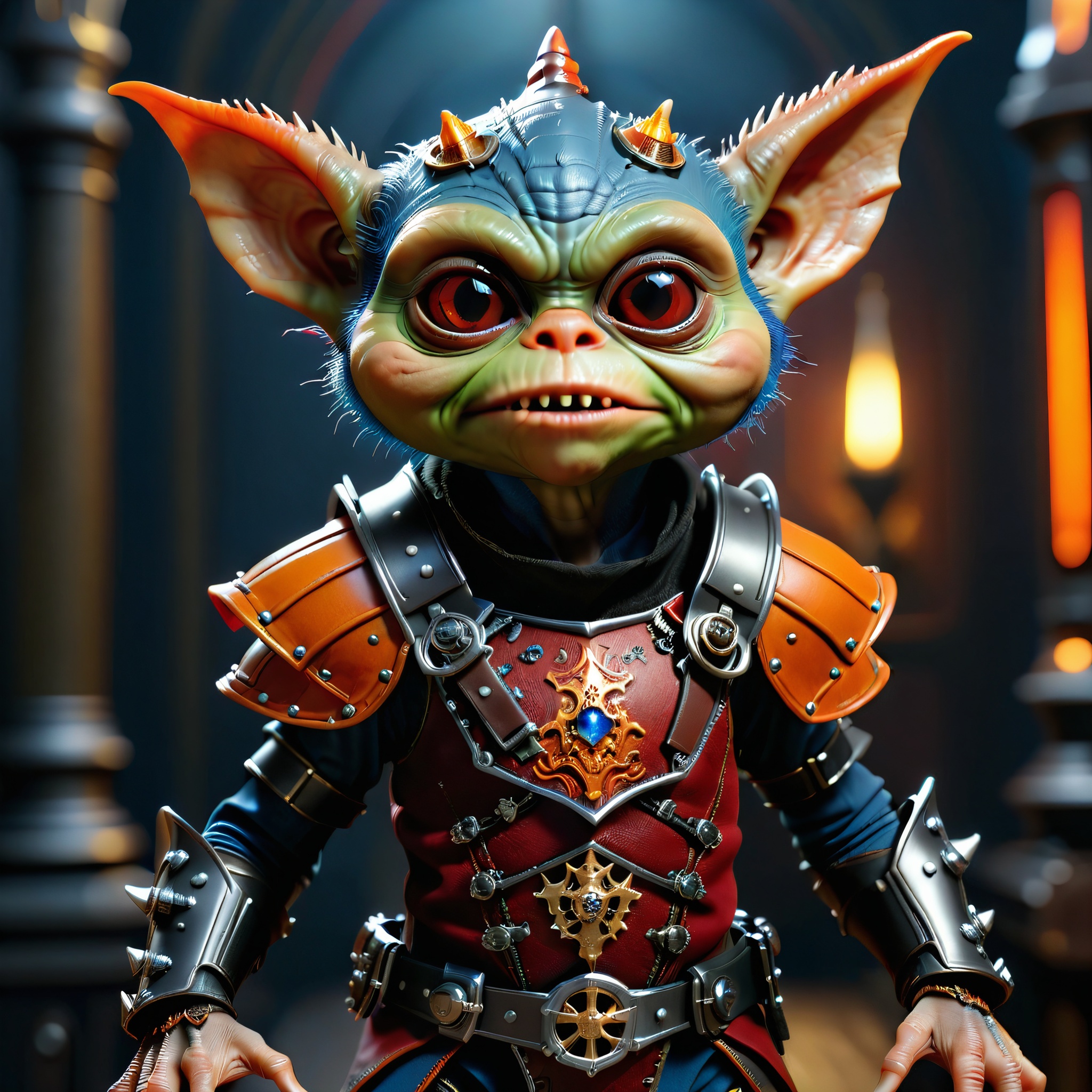 masterpiece, intricate photo of chritmas gremlin in knight armor, vampire clothing, cyberpunk style, steampunk style, gothic art, orange red blue black dress, hyper realistic, highly detailed, sharp focus, best quality, 8K