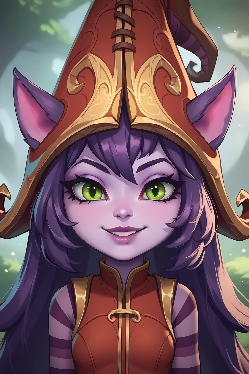 score_9, score_8_up, score_7_up, score_6_up, BREAK, LuluLoLXLv2, purple skin, colored skin, shortstack, yordle, green eyes, purple hair, long hair, sidelocks, bangs, animal ears, witch hat, ears through headwear, small breasts, red dress, purple striped sleeves, black pants, brown boots, solo, front view, (portrait, upper body), solo focus, seductive smile, looking at viewer, forest <lora:LuluLoLXLv2:1>
