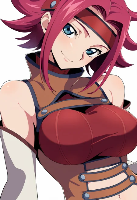 masterpiece, best quality, very aesthetic, absurdres,
1girl, kouzuki kallen, red hair, short hair, blue eyes,
flipped hair, headband,
resistance outfit, bare shoulders, detached sleeves, midriff, navel, sleeveless, turtleneck,
upper body, smile, solo, looking at viewer, (simple background, white background:1.3) <lora:KallenKouzukiNoobXL_byKonan:1>