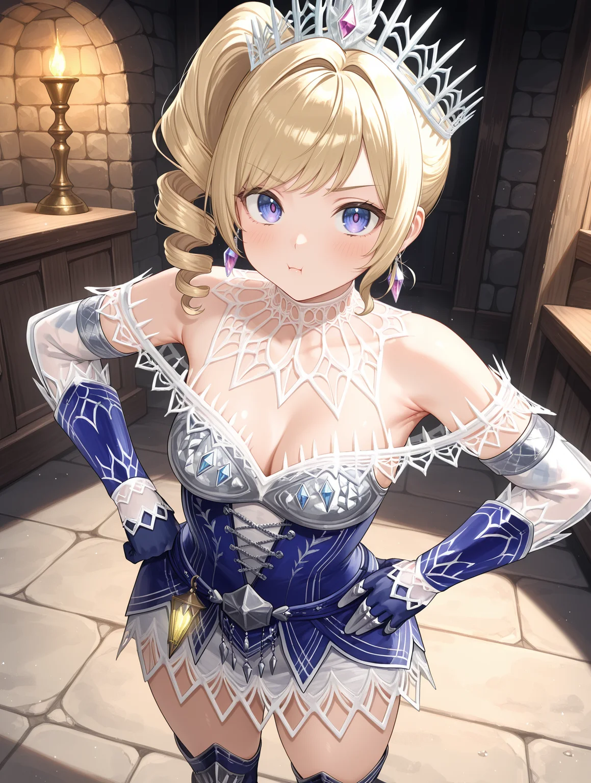 velkhana armor,blue short dress,1girl,blonde hair,solo,hands on own hips,blue thigh boots,blue eyes,silver crown,looking at viewer,thighhighs,purple eyes,blue gloves,silver earrings,side drill,armpit crease,:t, tiara
masterpiece,best quality,amazing quality,very aesthetic,absurdres,newest,<lora:Velkhana Armor Beta illuXL v1.1:0.77>,side,