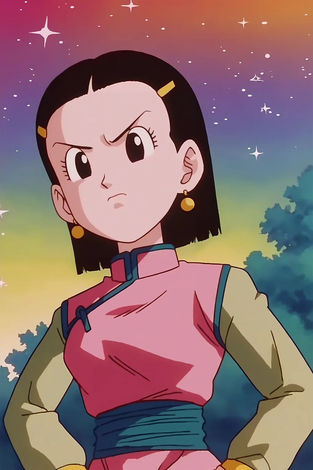 source_anime, score_9, score_8_up, score_7_up, anime screencap, absurdres,
chi-chi, gt, official style, 1girl, solo, chinese clothes, looking at another, short hair, outdoors, night sky, black hair, hair ornament, long sleeves, green sleeves, star \(sky\), pink dress, blue sash, standing, upper body, earrings, black eyes, from below, hands on hips, v-shaped eyebrows, frown
<lora:chichi_v1:0.8>