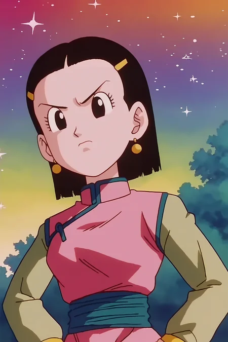 source_anime, score_9, score_8_up, score_7_up, anime screencap, absurdres,
chi-chi, gt, official style, 1girl, solo, chinese clothes, looking at another, short hair, outdoors, night sky, black hair, hair ornament, long sleeves, green sleeves, star \(sky\), pink dress, blue sash, standing, upper body, earrings, black eyes, from below, hands on hips, v-shaped eyebrows, frown
<lora:chichi_v1:0.8>