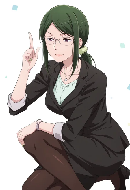 anime screencap, anime coloring, 1girl, solo, <lora:DX888Hanako:1> koyanagi hanako, purple eyes, green hair, medium hair,
glasses, low ponytail, office lady, suit, skirt suit, necklace, wristwatch, scrunchie, pantyhose BREAK white background, mosaic background, (simple background:1.2) BREAK (dynamic pose:1.2), smile, index finger raised, on one knee, from side,