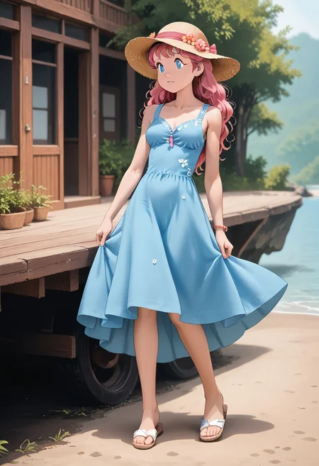 score_9_up, score_8_up, score_7_up, score_6_up, masterpiece, best quality, high quality, newest, highres, cote_style, 1girl, pink hair, long hair, blue eyes, medium breasts, summer dress, sandals, hat, outdoor, river