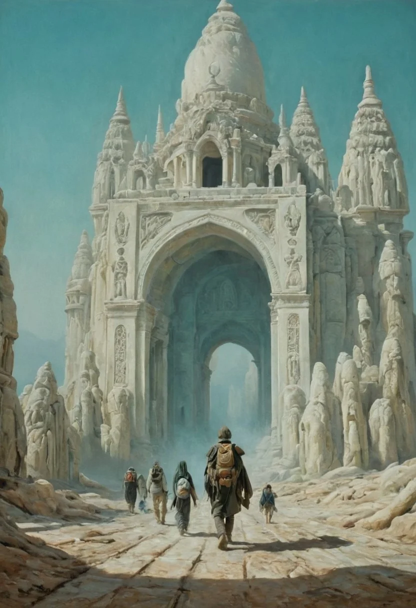 oil painting, rough, textural, broad brush strokes, of alabaster and marble temples on a bleached, faded alien landscape, featuring travellers walking towards the nearest temple, scifi, futuristic style,
use colors like teal and colors like dark olive and colors like olive