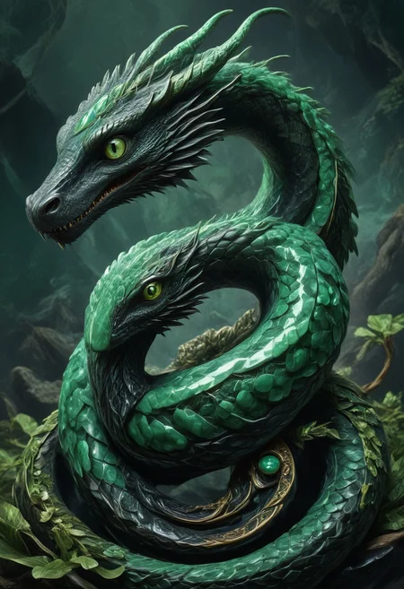 made from jade and obsidian, jade, obsidian,score_9, score_8_up, score_7_up, expensive looking,harry potter, chamber of secrets, basilisk, giant snake