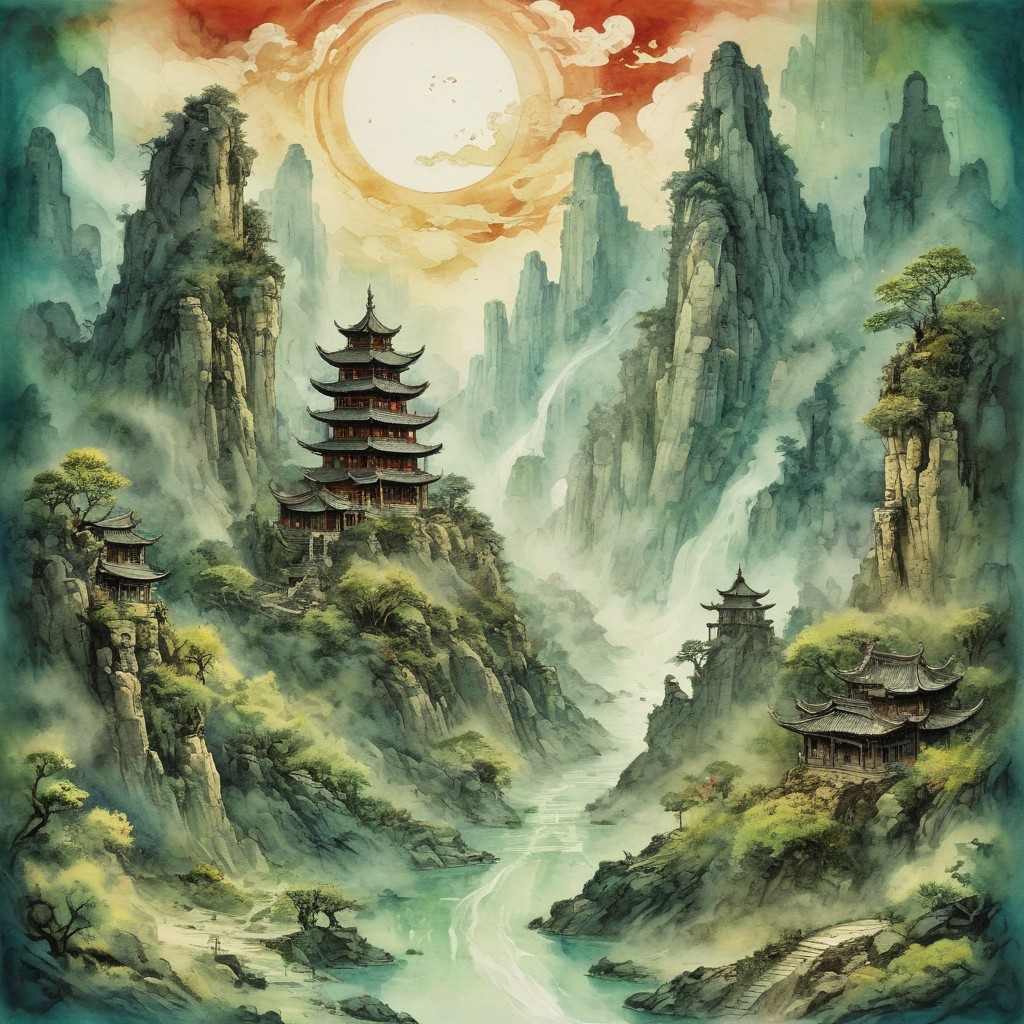 (Ink illustration on parchment, watercolor, ink splashes, Ukiyo-E). ((watercolor)), ((Chinese landscape)), Pagodas, Red-Trees, landscape focus, small figure off-side, Chinese Mountains, Rivers, Clouds, with watercolor washes, (((verdant green landscape))), (((mist, waterfalls))), trees, lush foliage, endless karth mountains that stretch outward to the horizon, a lone woman traversing the landscape!! wearing a bright blue cloak to make the miniscule figure stand out in a landscape dotted with the ruins of an ancient destroyed civilisation, crumbling stone, degraded buildings and temple, a long magical aurora borealis stretching across the sky, a broken moon high in the sky partially turned into an asteroid belt, a Saturn-like ringed-planet world, flickers of magical energy illuminating the land, in the far distance a giant wall of smoke is rising from the shattered earth in which a multitude of faces are forming and screaming, Ink splashes, rough ink sketch, Ghibli style, high contrast, stylized, dark skin, close up on face, head and shoulder, leather medieval top with lowered hood, Art Nouveau Style, detailxl, BadDream, dioramas,