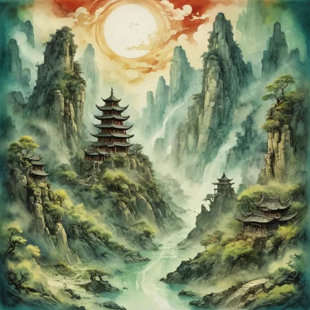 (Ink illustration on parchment, watercolor, ink splashes, Ukiyo-E). ((watercolor)), ((Chinese landscape)), Pagodas, Red-Trees, landscape focus, small figure off-side, Chinese Mountains, Rivers, Clouds, with watercolor washes, (((verdant green landscape))), (((mist, waterfalls))), trees, lush foliage, endless karth mountains that stretch outward to the horizon, a lone woman traversing the landscape!! wearing a bright blue cloak to make the miniscule figure stand out in a landscape dotted with the ruins of an ancient destroyed civilisation, crumbling stone, degraded buildings and temple, a long magical aurora borealis stretching across the sky, a broken moon high in the sky partially turned into an asteroid belt, a Saturn-like ringed-planet world, flickers of magical energy illuminating the land, in the far distance a giant wall of smoke is rising from the shattered earth in which a multitude of faces are forming and screaming, Ink splashes, rough ink sketch, Ghibli style, high contrast, stylized, dark skin, close up on face, head and shoulder, leather medieval top with lowered hood, Art Nouveau Style, detailxl, BadDream, dioramas,