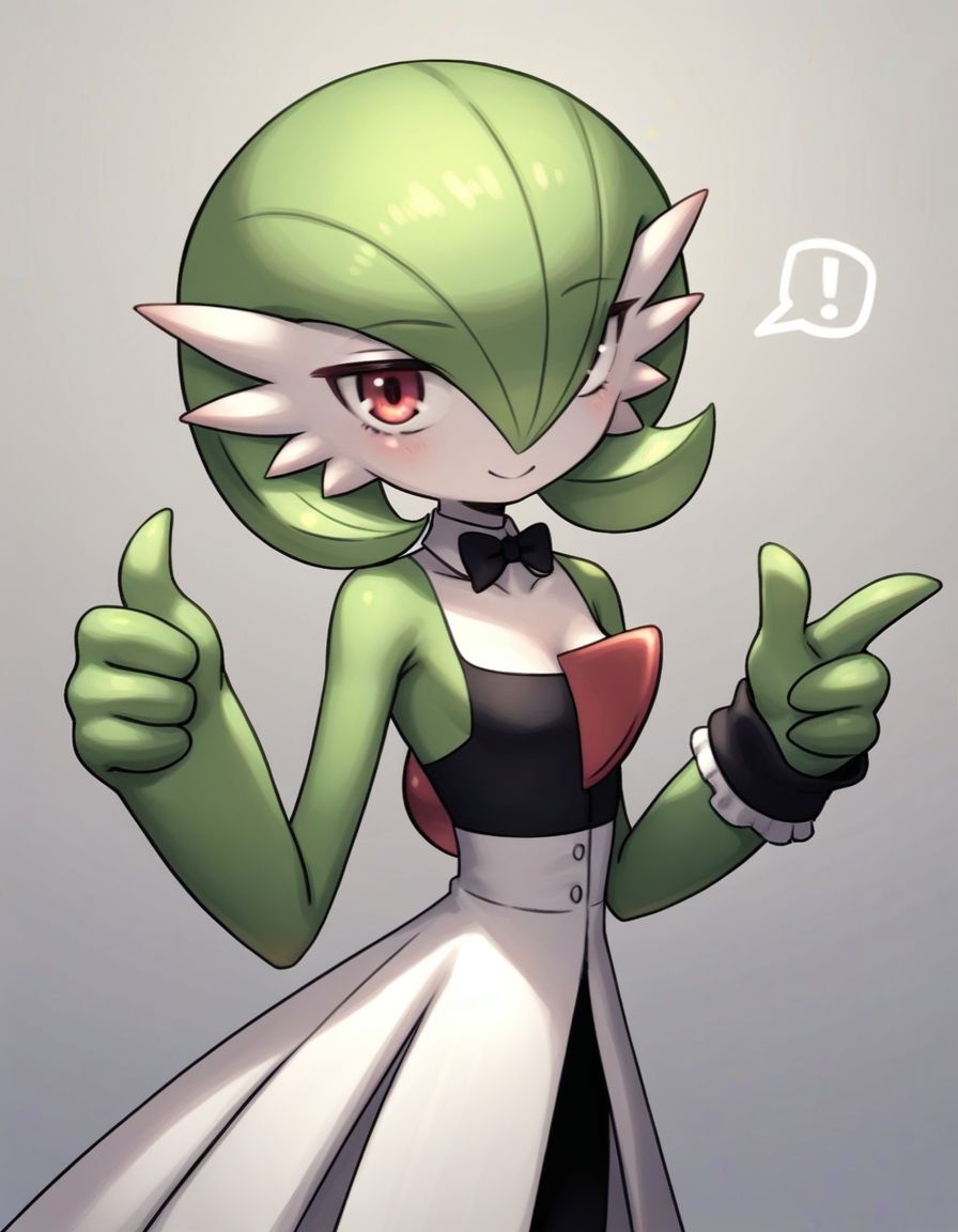 rating_safe, score_9,score_8_up,score_7_up, BREAK by aaaa \(quad-a\),   1girl, solo, standing ,thumbs up, from side,  looking at viewer,  head tilt, gardevoir, pokemon \(creature\),two-tone_skin,  butler suit, gloves, monocle,