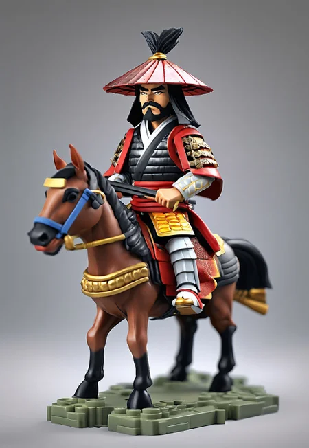 novuschroma53 style a handmade, cartoon, statue of a a samurai warrior on a horse, full body, isometric, top down, game asset, handmade, game icon, cartoon