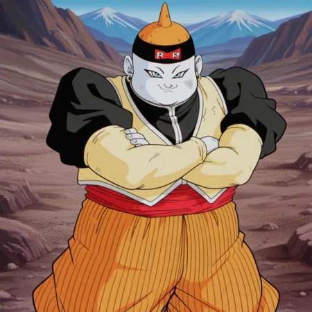 masterpiece, best quality, amazing quality, official artstyle, android19, male, humanoid, solo, white skin, bald, blue eyes, overweight, orange pointed hat, earrings, yellow vest, red sash, orange pants, white shoes, standing, crossed arms, smirk, outdoors, dirt, mountains