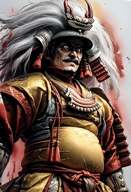 score_9,score_8_up,score_7_up,
Male illustration,50 years old,mature man,ambitious,beast-like sharp gaze,chubby but muscular,Japanese samurai,16th century,dramatic lighting,high contrast,decorative,atmospheric,haunting beauty,texture,(dynamic angle),round face,black,gray,red,yellow,
bust up,from front,sitting on small folding stool,splash art,highly detailed illustration,trending on Artstation,paint splashes,perfect composition,watercolor,sharp focus,intricate details,highly detailed,flag,
White background,mustache(1.3),windy,dynamic pose,dynamic angle,
Watercolor,<lora:BDpony_TakedaShingen_V1:0.9>,Takeda Shingen,
<lora:Midjourney_5:0.6>,<lora:WaterColorV3:0.8>,