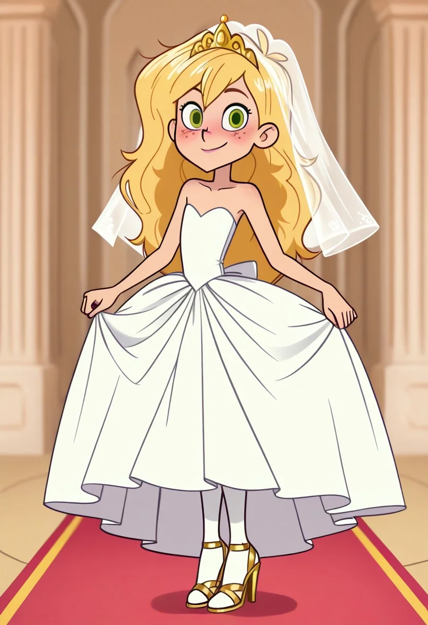 IllusP0s,goldieblox, 1girl, long hair, blonde hair, freckles, green eyes, standing, Perfect Small flat chest natural breasts; Full body, Smile, coy,
Wedding dress, Wedding veil, Golden tiara, Golden high heels sandals, sandals, high heels, wearning Wedding white stockings,
looking at viewer, blush, <lora:goldieblox_IL-000008:1>