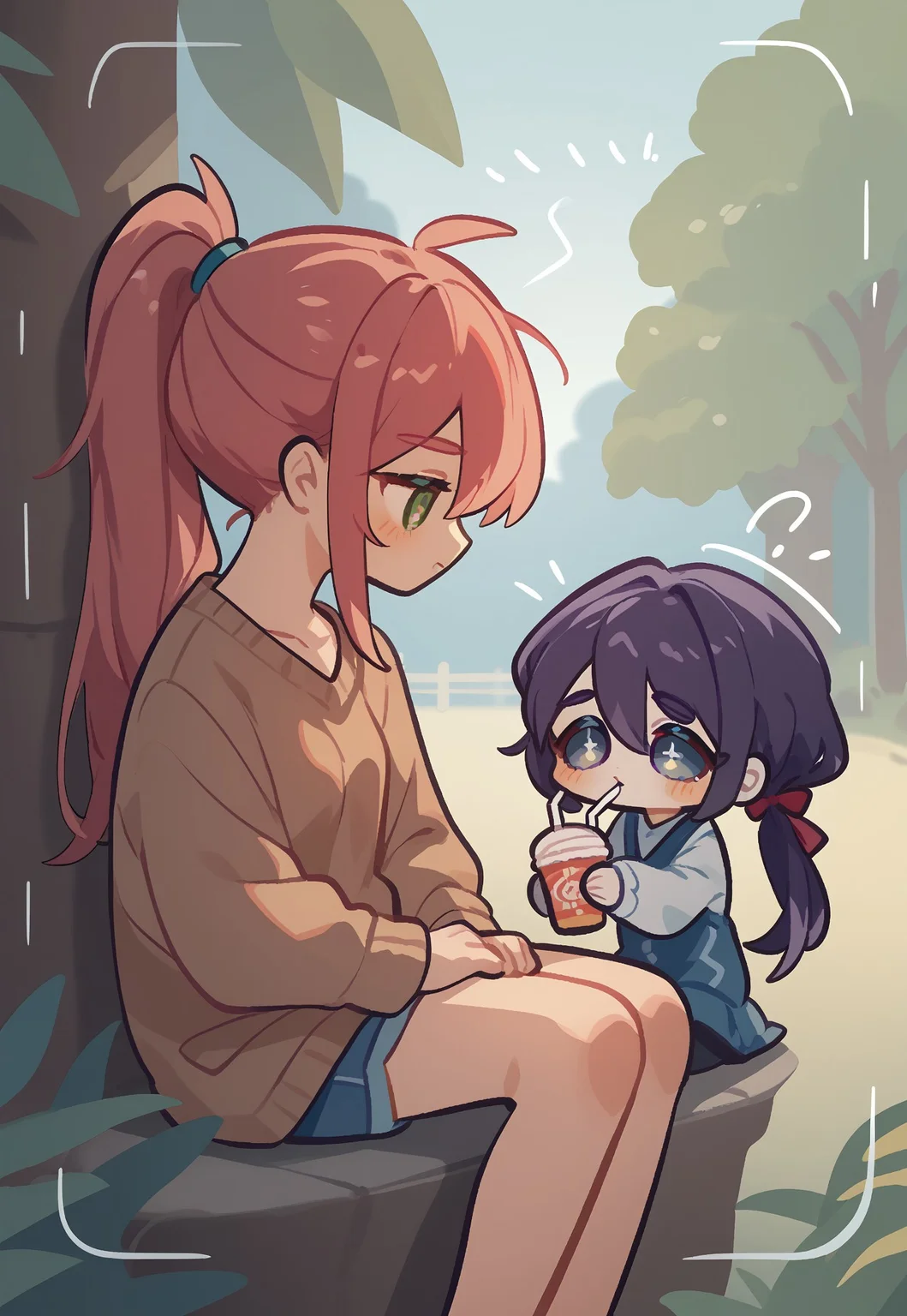 score_9, score_8_up, score_7_up, source_anime, (Omoyu Style), 2girls, long hair, ponytail, cowboy shot, chibi, fun, sitting, sunny day, outside, drinking, chatting, looking at each other