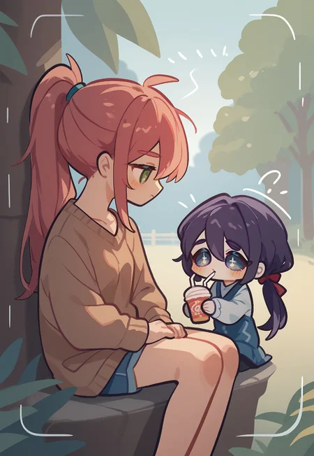 score_9, score_8_up, score_7_up, source_anime, (Omoyu Style), 2girls, long hair, ponytail, cowboy shot, chibi, fun, sitting, sunny day, outside, drinking, chatting, looking at each other