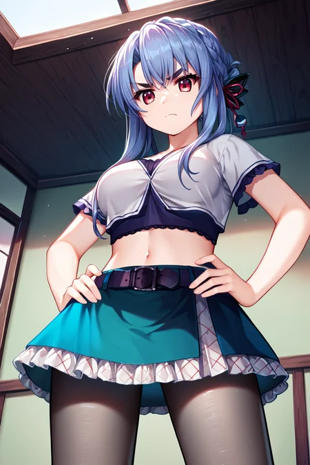 score_9, score_8_up, score_7_up, score_6_up, rating_safe, source_anime, best quality, masterpiece, detailed background, detailed eyes, solo, indoors, from below, <lora:sorakado-ao-xl-06:1>, sorakado ao, casual outfit, midriff, black leggings, medium breasts, full breasts, looking down, scowl, closed mouth, angry eyebrows, half-closed eyes, frown, hands on hips,