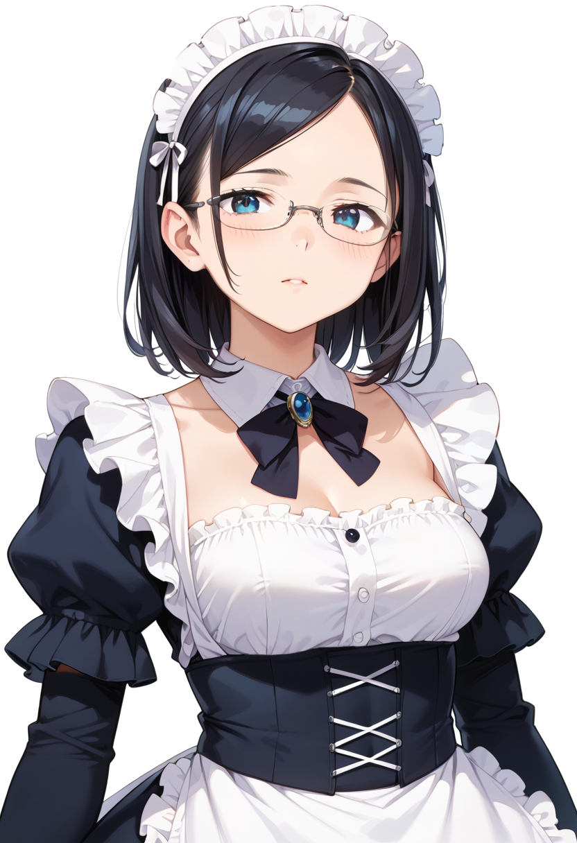 score_9, score_8_up, score_7_up, rating_safe, masterpiece, best quality, absurdres, unity 8k wallpaper, official art, official style, source_anime, uncensored, game cg, megami magazine,
1girl, solo, black hair, medium hair, upper body, covered eyes,maid, maid headdress, black dress, maid apron, face focus,
underrim_metal, glasses, still life, white background, simple background, under-rim eyewear, grey-framed eyewear, 
 <lora:glasses_underRimMetal_PONY_V1:1>