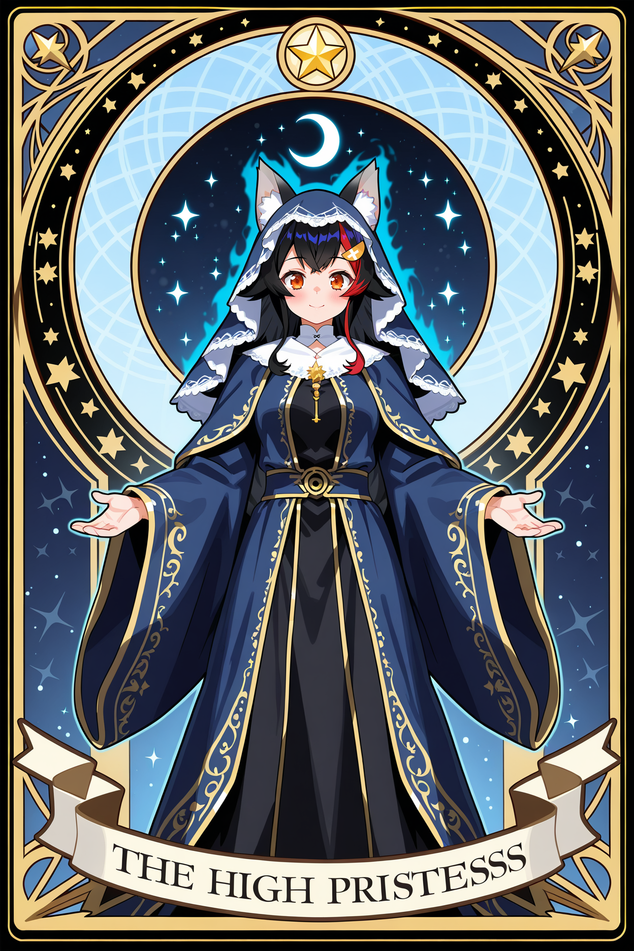 ookami mio,hololive,tarot card,the high priestess,mystical,arcane symbols,glowing moon,ornate robe,blue and silver color scheme,magical aura,long black hair,red eyes,seated pose,veil,crescent moon,ancient book,stars background,gothic,elegant,fantasy art,detailed illustration,symmetrical composition,art nouveau,alphonse mucha style,high detail,digital painting,tarot aesthetics,gold accents,