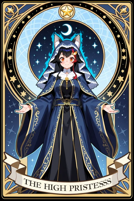 ookami mio,hololive,tarot card,the high priestess,mystical,arcane symbols,glowing moon,ornate robe,blue and silver color scheme,magical aura,long black hair,red eyes,seated pose,veil,crescent moon,ancient book,stars background,gothic,elegant,fantasy art,detailed illustration,symmetrical composition,art nouveau,alphonse mucha style,high detail,digital painting,tarot aesthetics,gold accents,