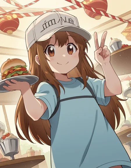 score_9, score_8_up, score_7_up, source_anime, <lora:platelet-s1-ponyxl-lora-nochekaiser:1>, platelet, long hair, brown hair, brown eyes,, shirt, hat, short sleeves, boots, white headwear, blue shirt, flat cap,, restaurant, laughter, good food, warm lighting, celebration, smile, , hand making a peace sign, solo,, cowboy shot, dutch angle