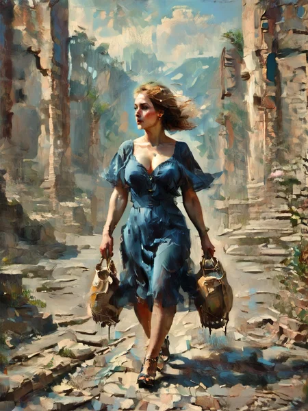 score_9, score_8_up, score_7_up, character in profile, walking, looking at surroundings, woman, pale skin, huge breasts, lollita dress, black dress, lollita fashion accessories, red details, Long white hair, young face, <lora:OilpaintIMP:1> 0cmtr1g, 0cm, 0cm1sc, 4rch, The fall of ancient power, the towers topple, the ruins return, and she remains,highly detailed
