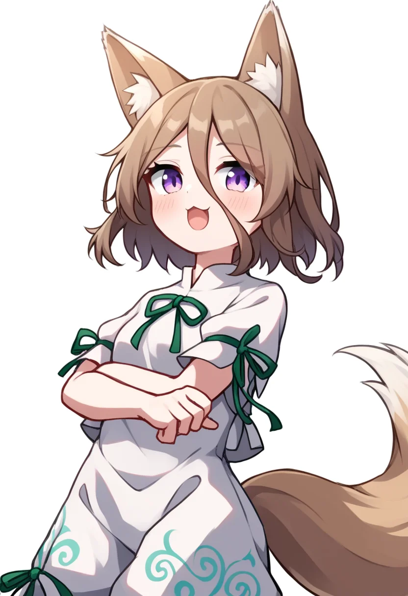 score_9,score_8_up,score_7_up,<lora:touhou_146:1>,1girl, animal_ear_fluff, animal_ears, blush, brown_hair, dress, fox_ears, fox_girl, fox_tail, from_below, hair_between_eyes, highres, kudamaki_tsukasa, looking_at_viewer, neck_ribbon, open_mouth, purple_eyes, ribbon, shirt, short_sleeves, simple_background, solo, tail, white_background