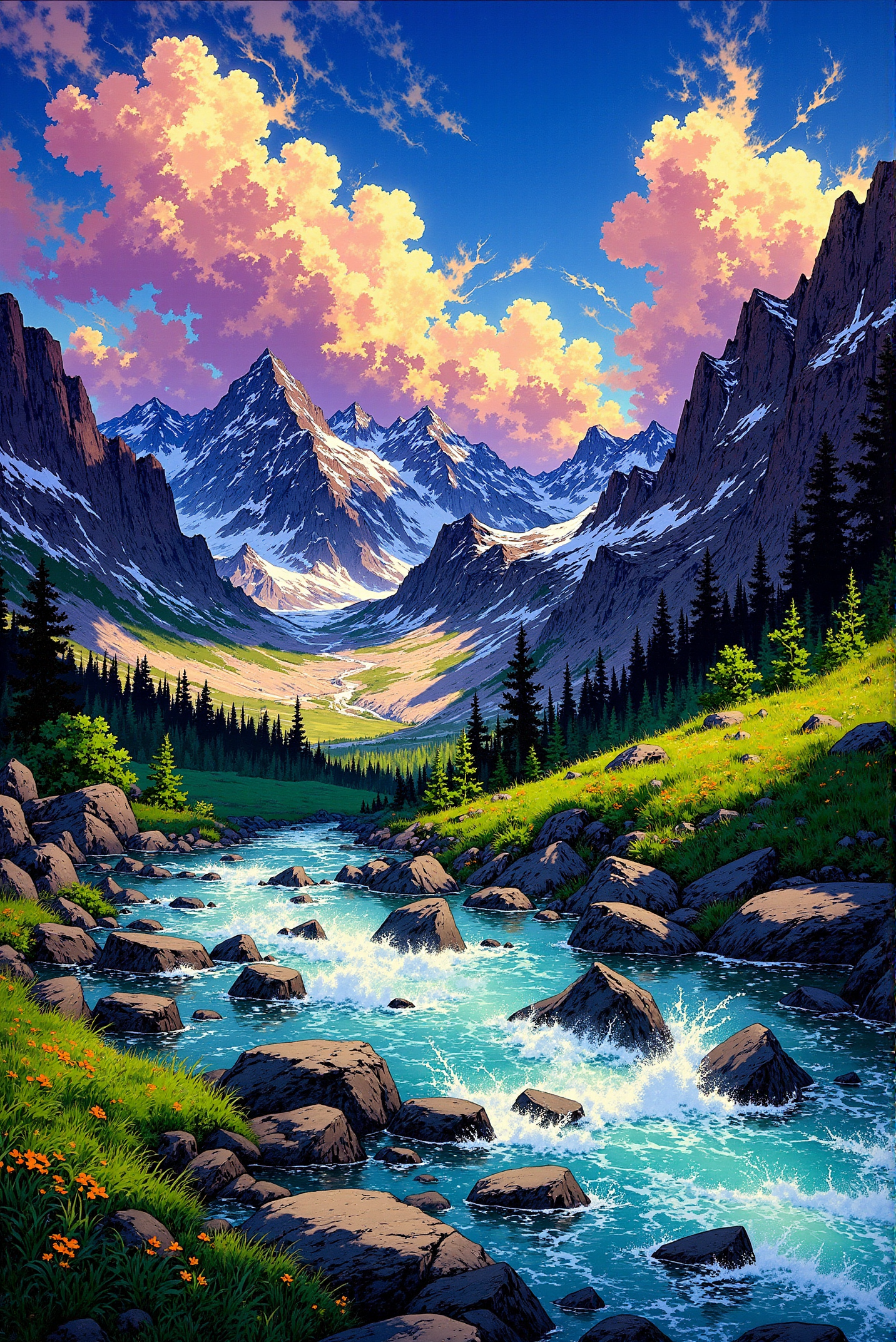 <lora:Vibrantly_sharp_style_v.3:0.8> VibrantlySharp style. **60. The Majestic Alpine Realm – A Dramatic Mountain Landscape with a Rushing River. Intricate, volumetric sky.**