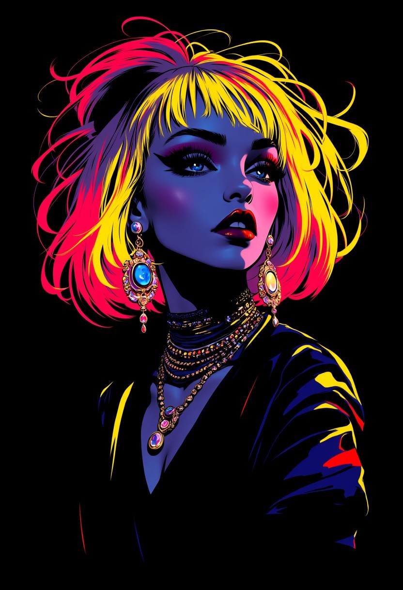 Inkpunk Anime, extreme closeup portrait of a goth woman, messy straight-cut cleopatra bob, bangs, multi-tone hair (neon yellow with red and blue highlights), long earrings, necklaces, heavy make-up, red lips, dark eyeshadow, dark background, silhouetted, chiascuro