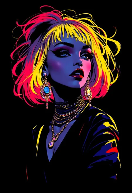 Inkpunk Anime, extreme closeup portrait of a goth woman, messy straight-cut cleopatra bob, bangs, multi-tone hair (neon yellow with red and blue highlights), long earrings, necklaces, heavy make-up, red lips, dark eyeshadow, dark background, silhouetted, chiascuro