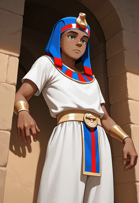 masterpiece, absurdres, high quality, perfect anatomy, 1boy, solo, cute boy, male focus, Rapses, Dark Skin, Green Eyes, Egyptian Clothing, Egyptian Headdress, golden wristbands, cinematic, intricately detailed illustration, depth of field, masterpiece, best quality, amazing quality, very aesthetic, absurdres, newest, very awa,  shadow, dynamic angle, casual cosplay, dynamic pose, simple background,